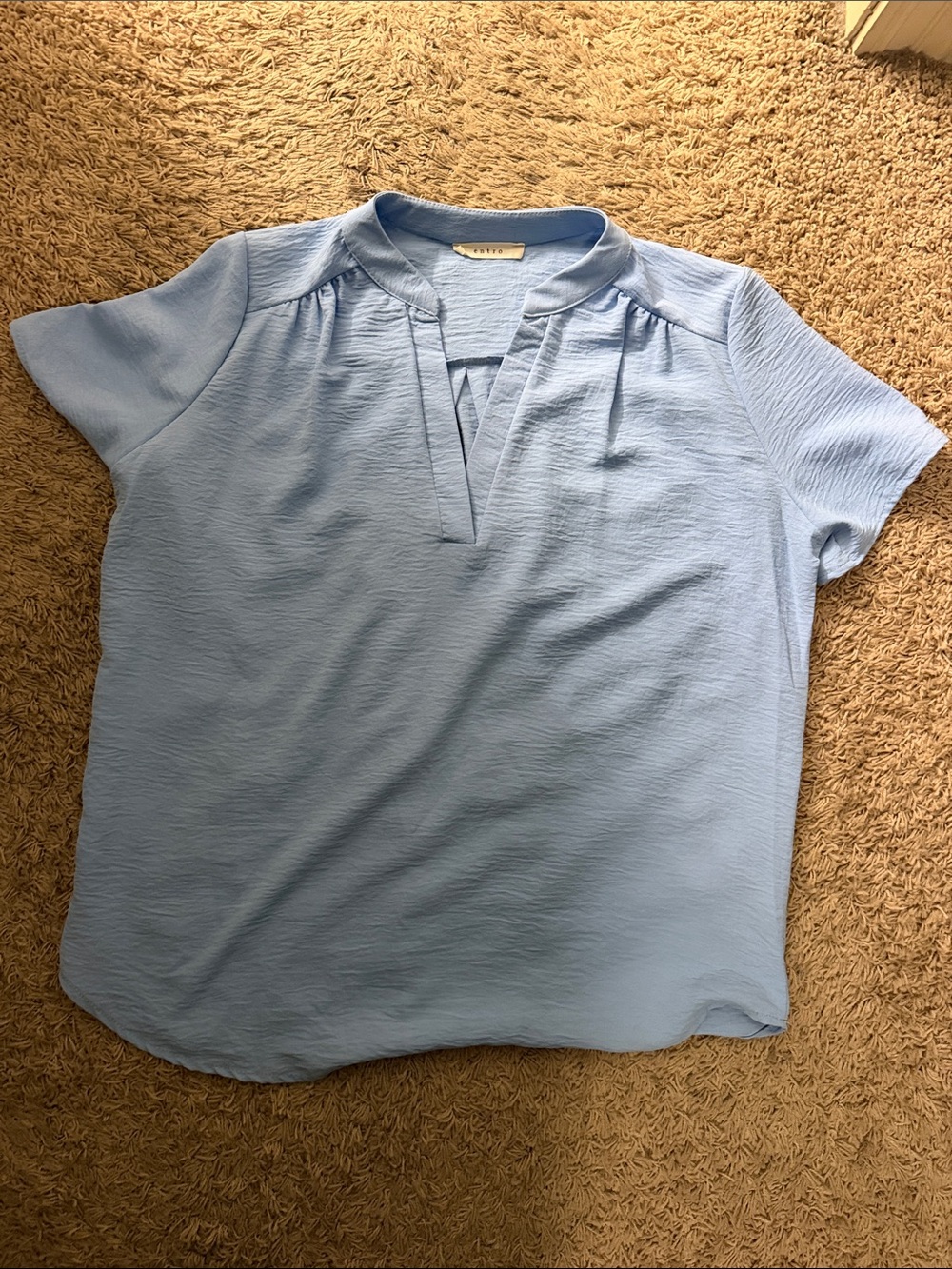 entro Light Blue Short Sleeve Split V-Neck Blouse
